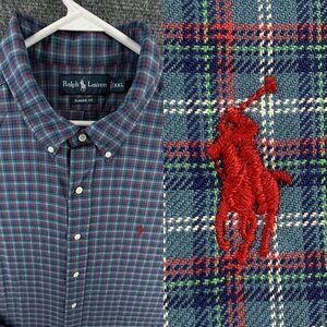 Ralph Lauren Button Up Shirt Men Cotton 2XL Classic Fit Plaid Blue Red Woven